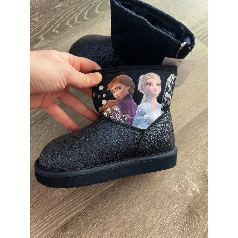 NEW H&M Boots Kids 9-9.5 Navy Blue  Frozen Anna Elsa Glitter Faux Fur Lining